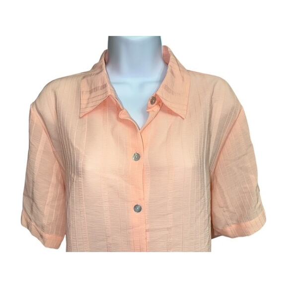 Michele Michelle Medium Top Orange Crepe Vertical Stripes Button Up Short Sleeve - Picture 3 of 5